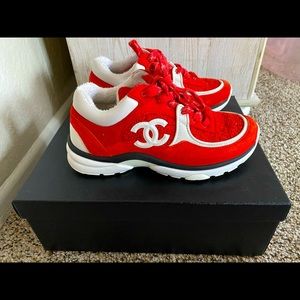 Red Chanel Tweed Sneakers